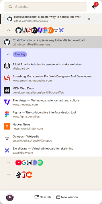 The Conscious Tabs side panel: a search box above a list of open tabs, grouped by window and tab group